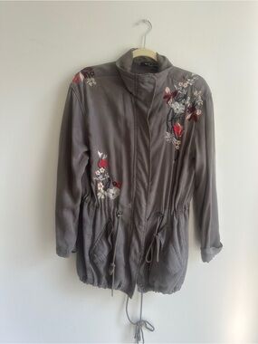 Madison Gray Floral-Embroidered Drawstring Utility Jacket